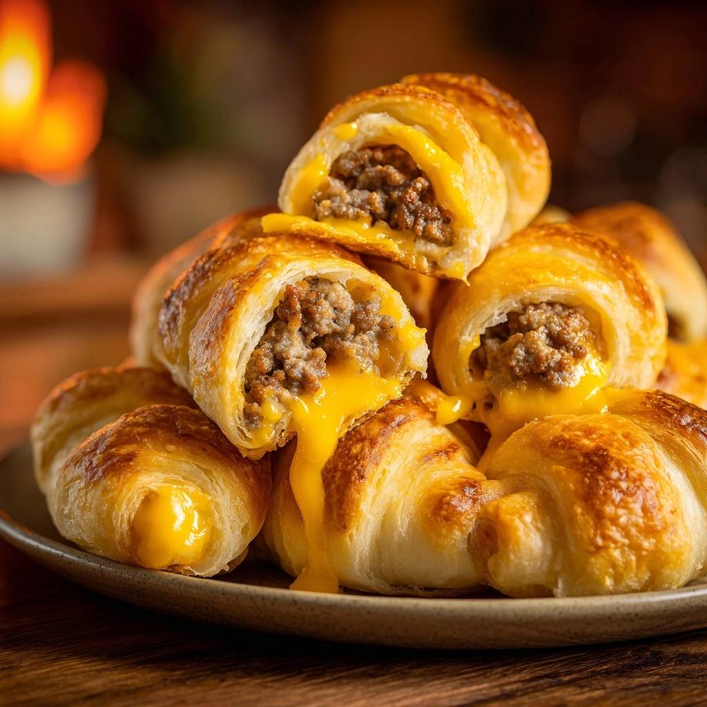 Cheesy sausage crescent rolls shown in a close-up cross-section with melted cheese oozing out.