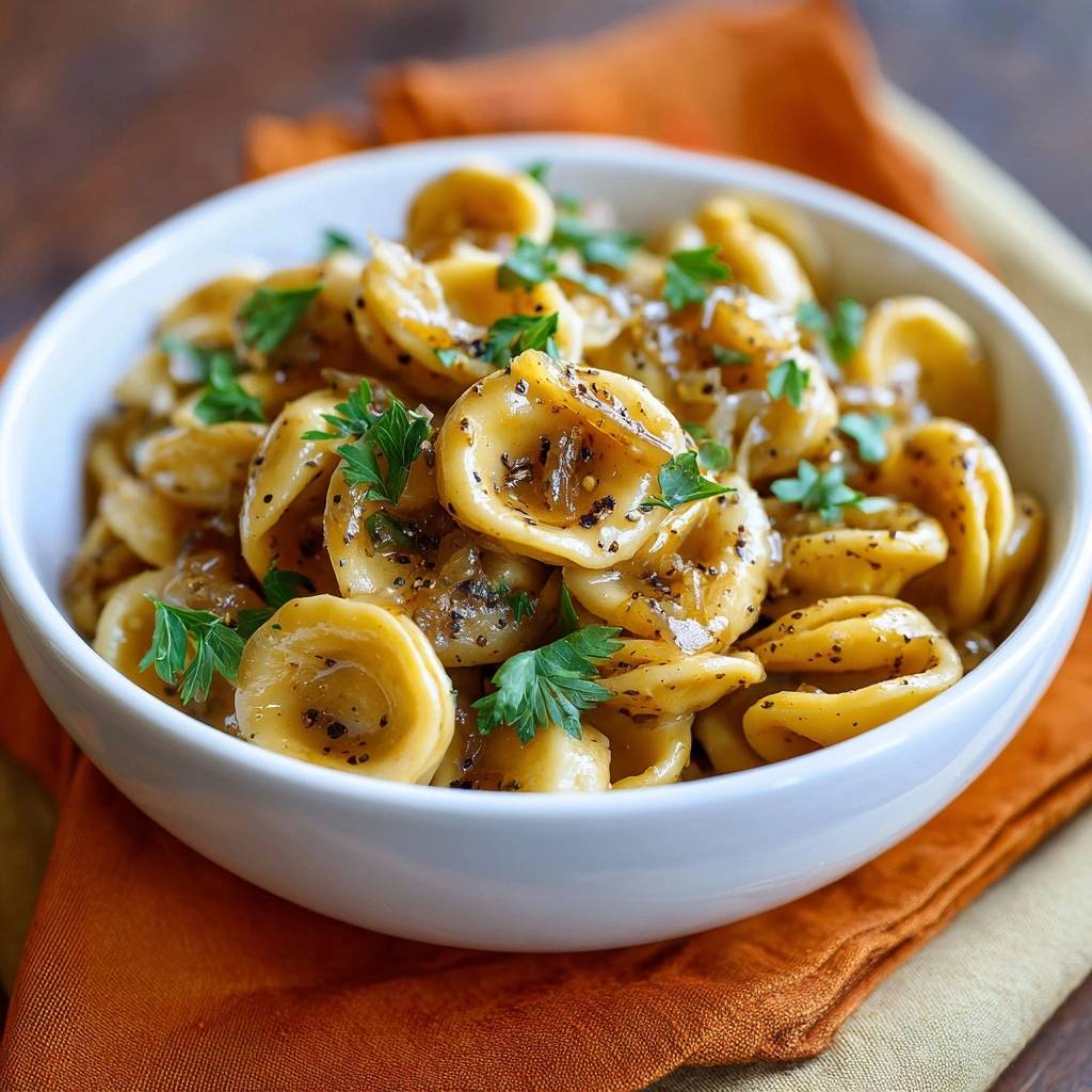 Cheesy tortellini with caramelized onions served in a white bowl, garnished with fresh parsley.
