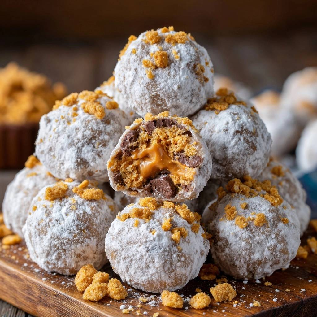 Cheetos Nutella Crunch Balls showing a cross-section revealing the chocolate and caramel filling.