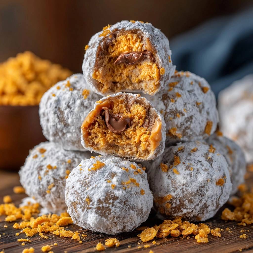 Cheetos Nutella Crunch Balls shown in a cross-section, revealing the chocolate center and orange cookie interior.