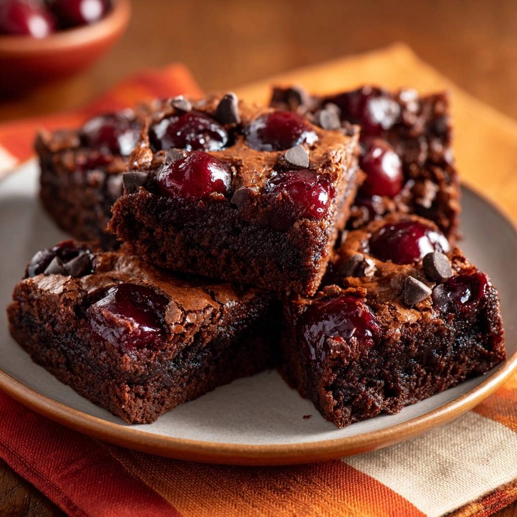Cherry chocolate brownies with a close-up view of plump cherries and chocolate chips on top.