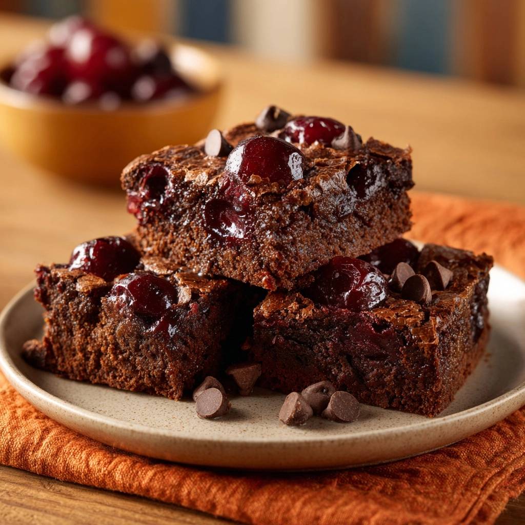 Cherry chocolate brownies with a glistening cherry topping, stacked artfully on a plate with chocolate chips scattered around.