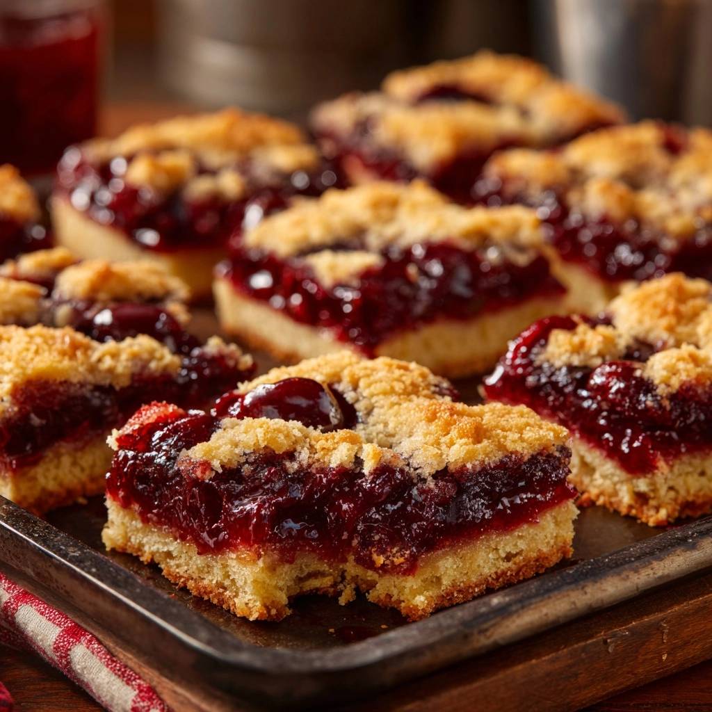 Cherry crumble bars with a never-runny filling shown in a close-up cross-section revealing the thick fruit layer and crumb topping.