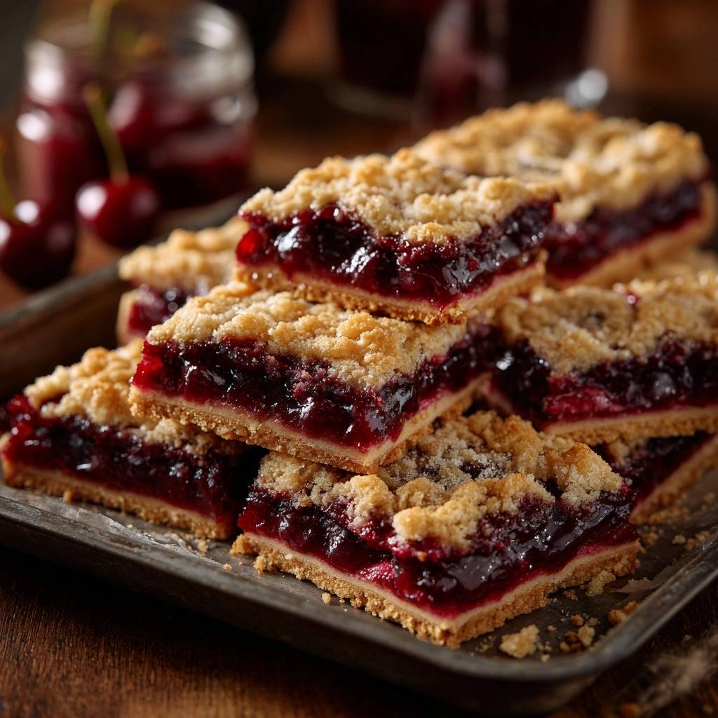 Cherry crumble bars with a never-runny filling shown in a close-up cross-section view.