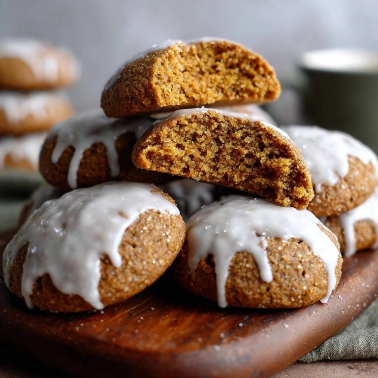Chewy iced ginger cookies recipe shown with a close-up cross-section revealing the soft interior and drizzled white glaze.
