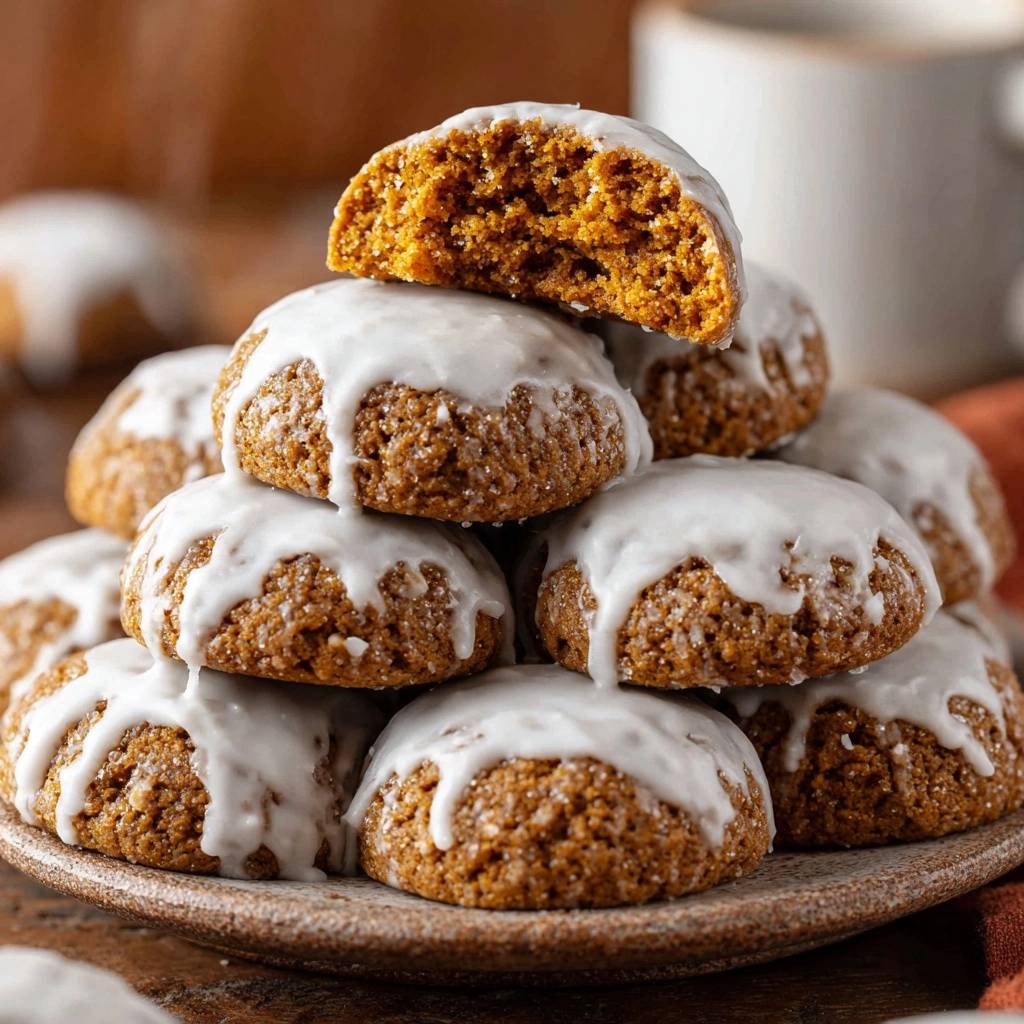 Chewy iced ginger cookies recipe, a stack of cookies with one cookie broken in half to reveal the chewy interior.