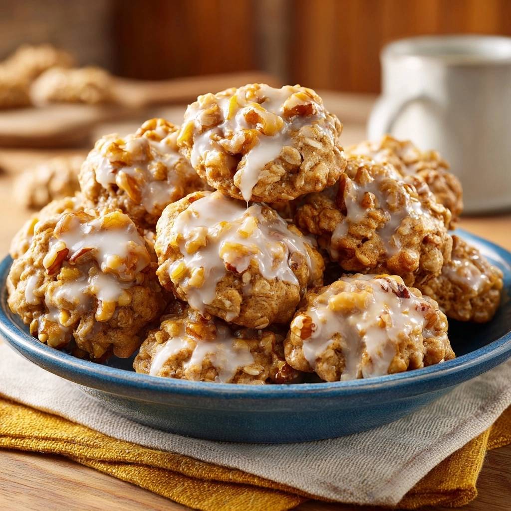 Chewy oatmeal walnut cookies drizzled with icing, showing the texture of oats and nuts in a close-up detail shot.
