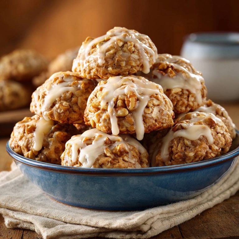 Chewy oatmeal walnut cookies glazed and stacked in a blue bowl, showcasing their textured surface.