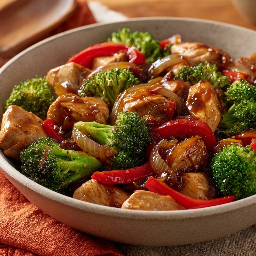 Better Than Takeout Chicken Broccoli Stir-Fry served in a close-up view within a rustic bowl.