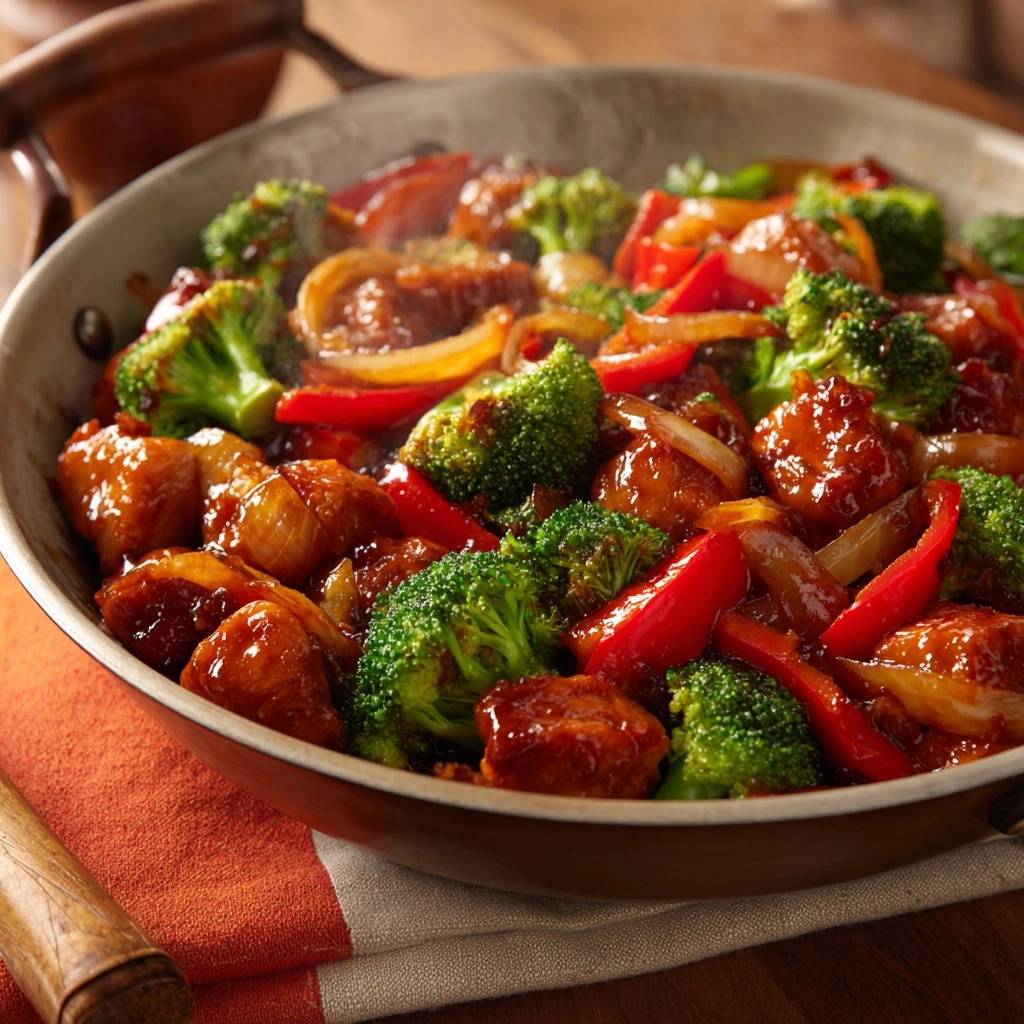 Better Than Takeout Chicken Broccoli Stir-Fry sizzling in a skillet with onions and red peppers.