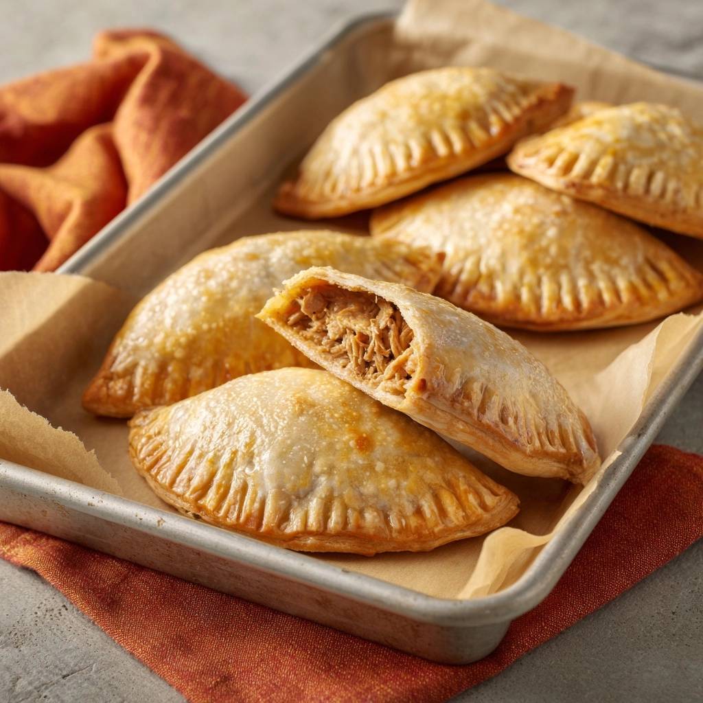 Flaky baked chicken empanadas, one cut open to show the shredded chicken filling, arranged on a baking tray.