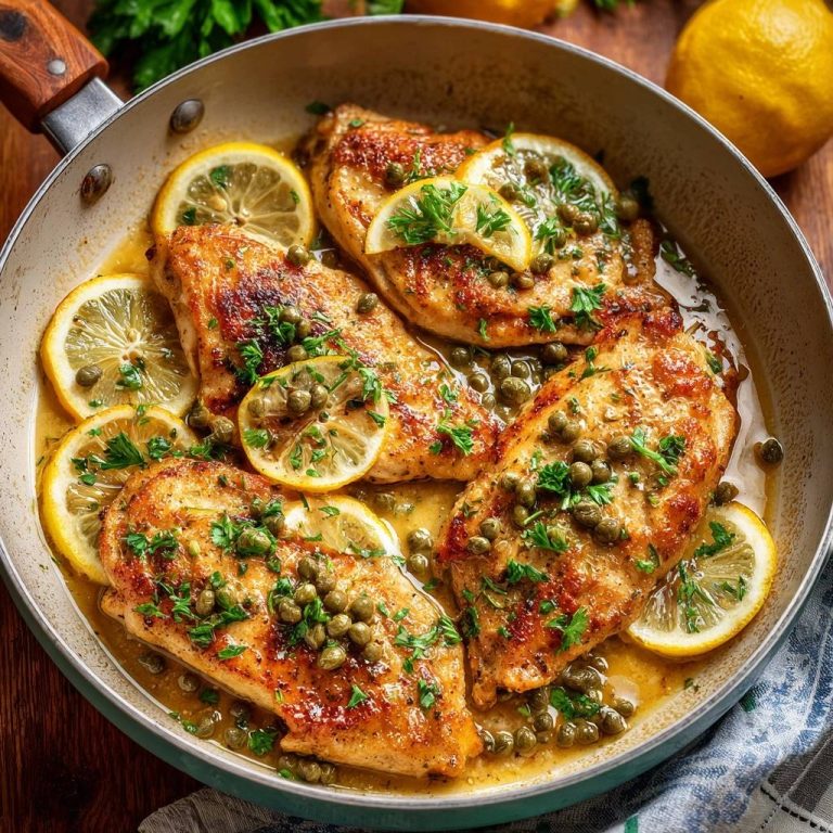 Chicken Piccata in a pan, a close-up view with lemon slices and capers scattered over the juicy chicken.