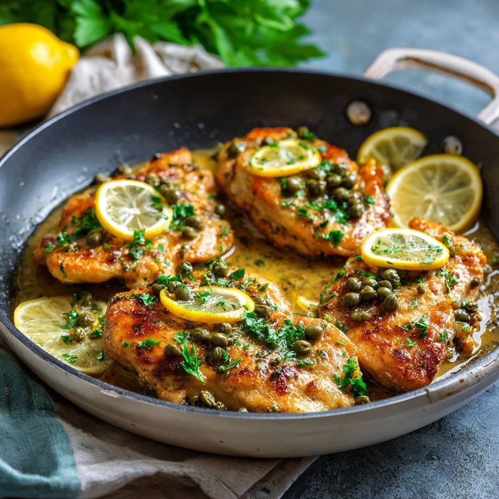 Chicken piccata served in a pan with lemon slices, capers, and fresh parsley garnish.