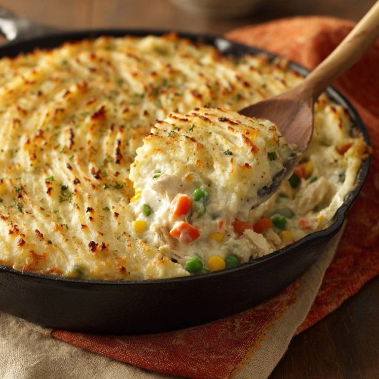 Skillet chicken shepherds pie with crispy mash topping being served with a spoonful showing chicken and vegetables.