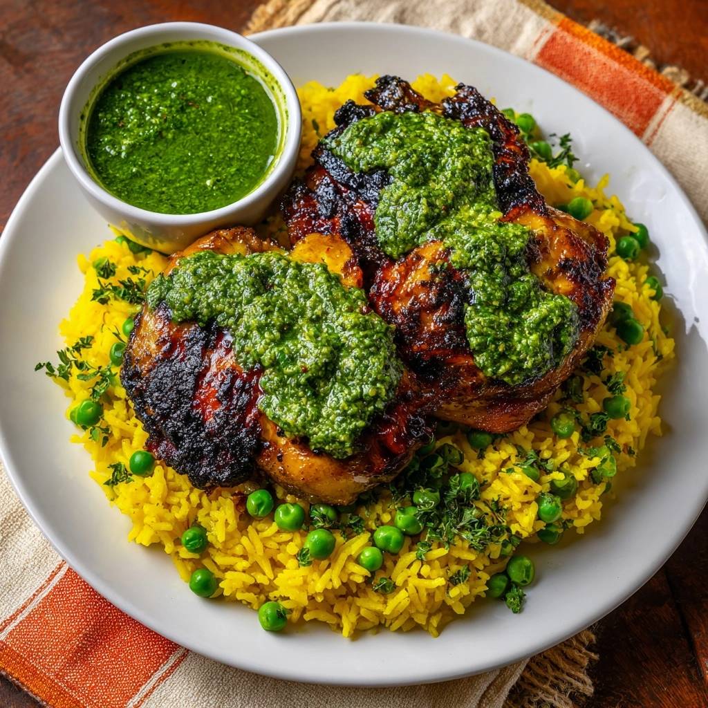 Chimichurri chicken thighs with turmeric peas rice, served plated with a side of chimichurri sauce, presented in an overhead view.