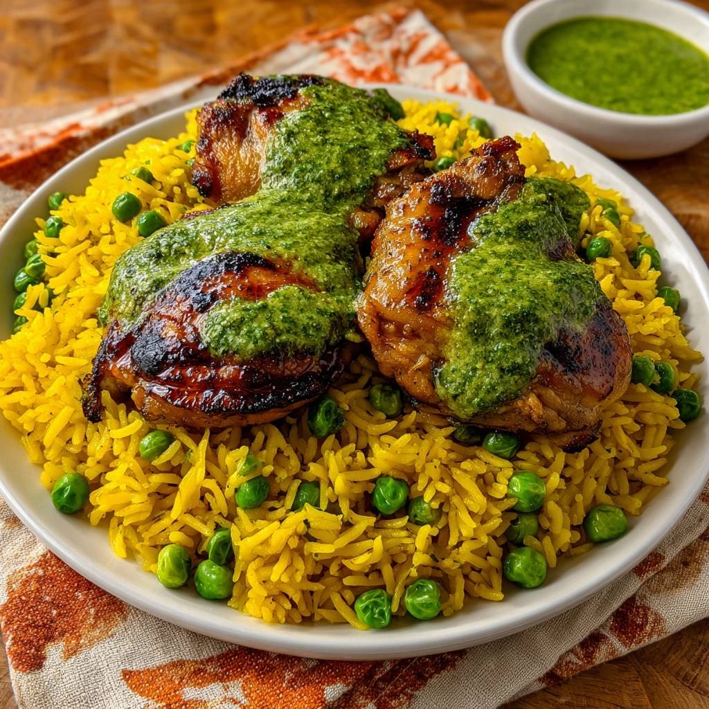 Chimichurri chicken thighs with turmeric peas rice plated close-up showing grilled chicken and vibrant green sauce