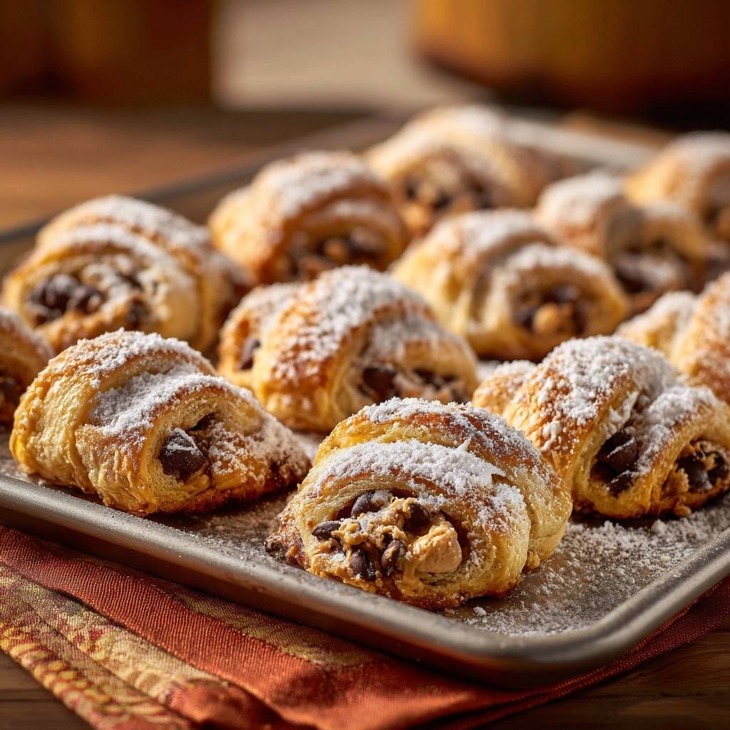 Chocolate chip crescent rolls with a close-up view of the peanut butter and chocolate chip filling.