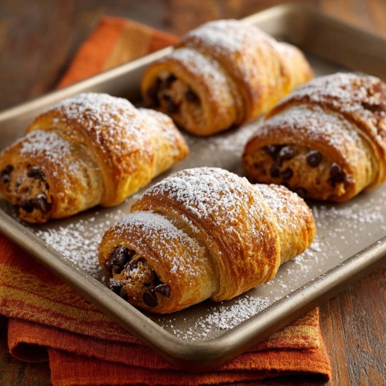 Chocolate chip crescent rolls dusted with powdered sugar, showcasing their golden-brown flaky layers and chocolate filling.