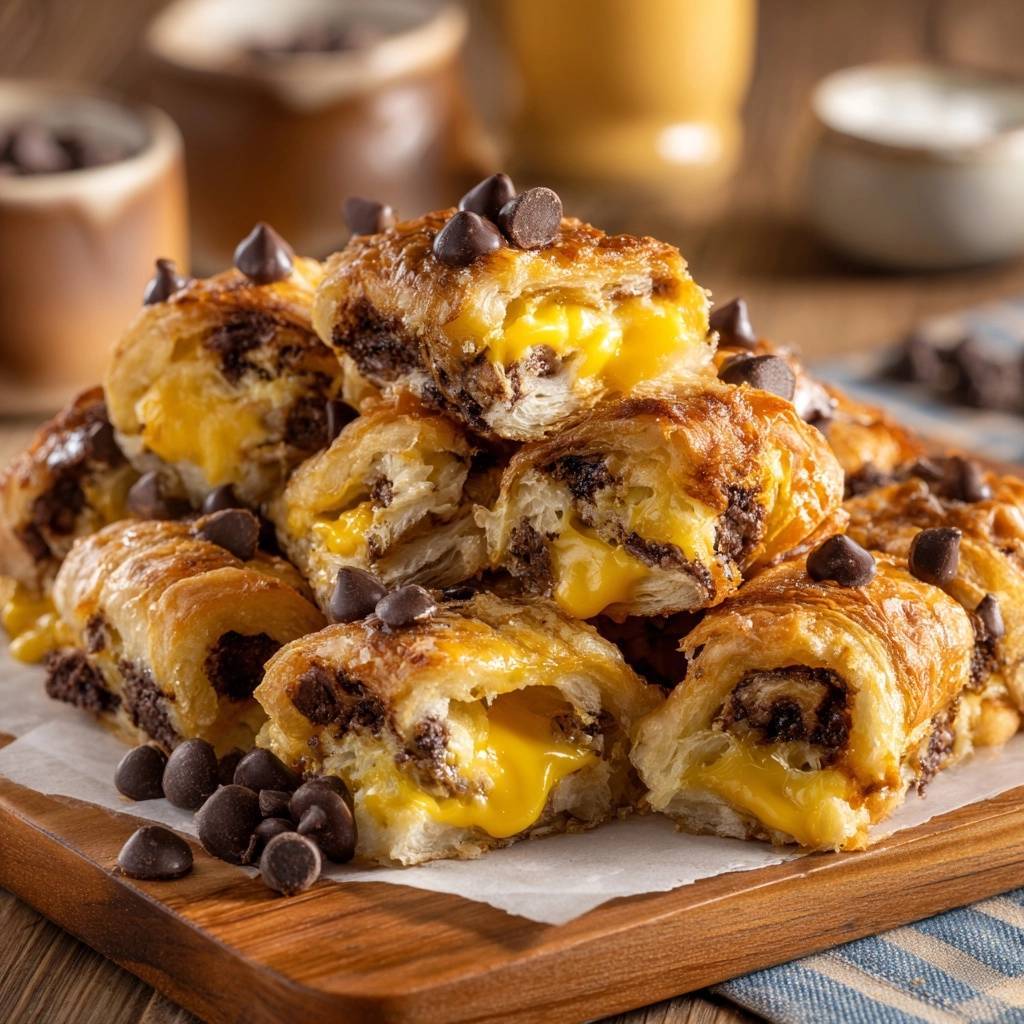 Chocolate chip croissant bread pudding recipe shown in a close-up cross-section revealing its gooey, cheesy interior and flaky pastry.