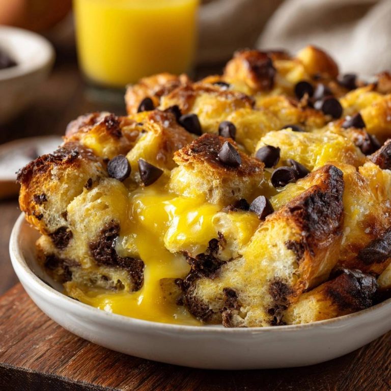 Chocolate chip croissant bread pudding recipe shown as a close-up cross-section with gooey filling and chocolate chips.