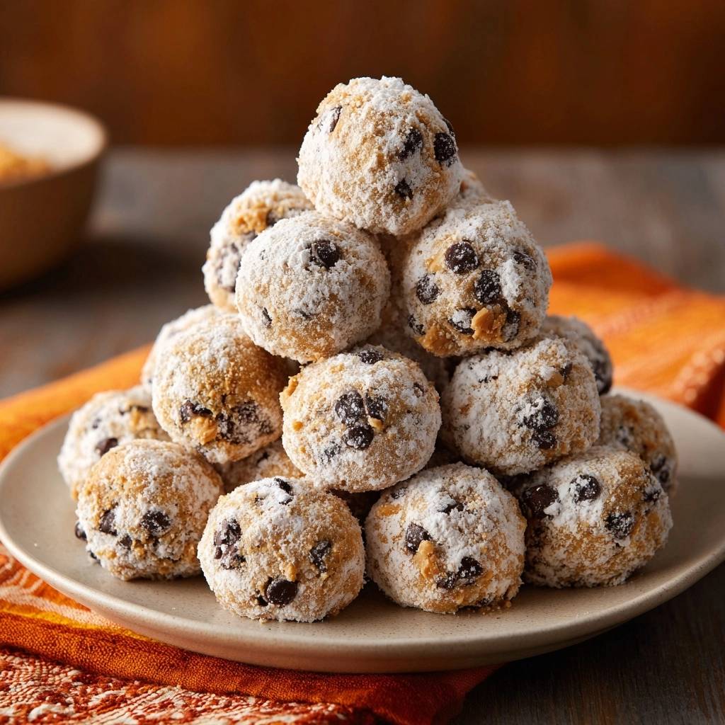 Chocolate chip peanut butter balls piled high and dusted with powdered sugar, a no-crumble recipe.