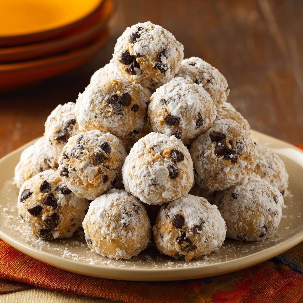 Chocolate chip peanut butter balls dusted with powdered sugar piled high on a dessert plate.