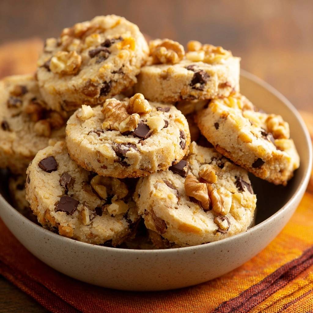 Chocolate chunk walnut cookies piled high in a bowl, showcasing their texture and walnut topping.