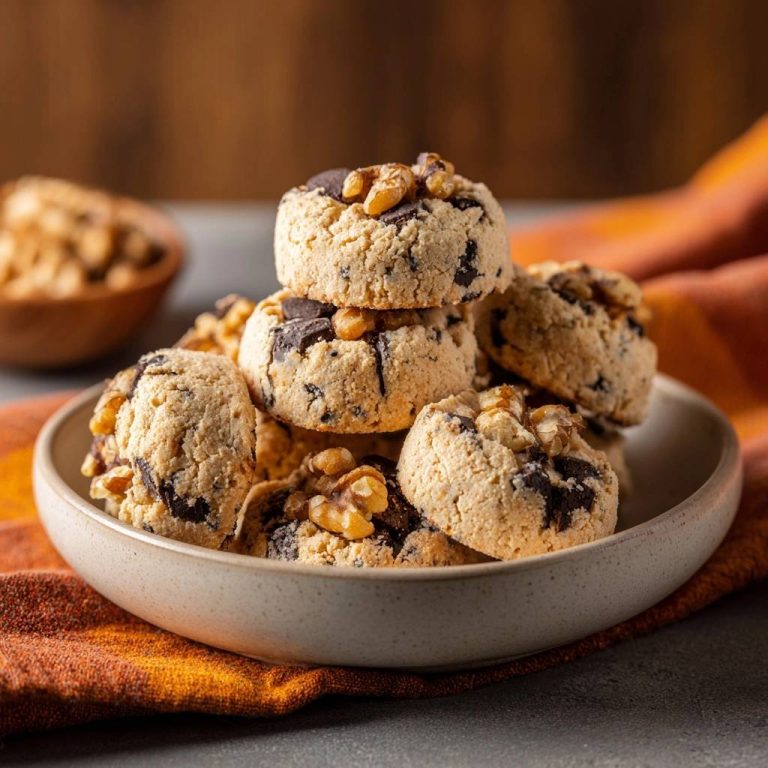 Chocolate chunk walnut cookies stacked in a bowl, showcasing chunks of chocolate and walnuts.