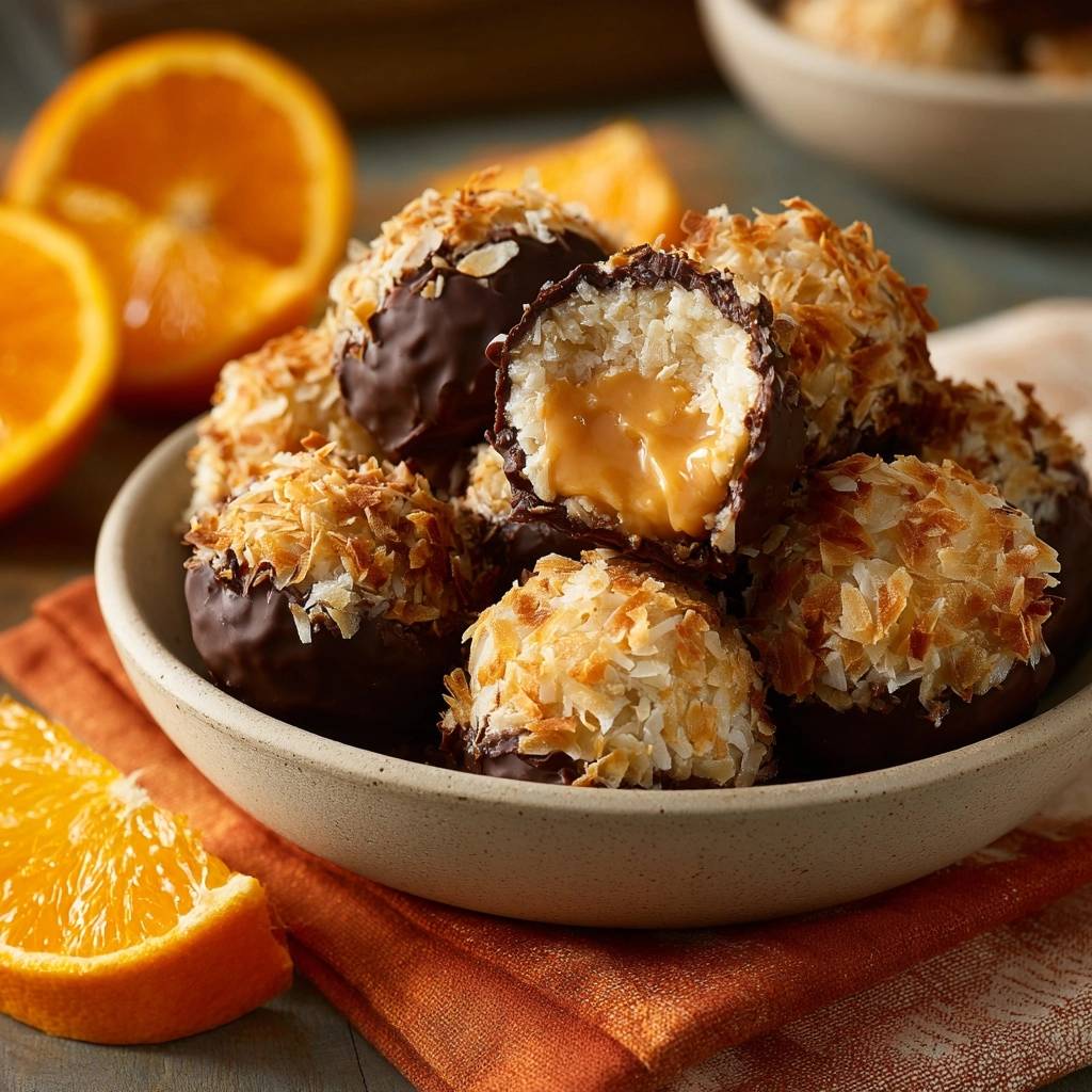 Chocolate coconut orange cake truffles shown in a bowl, with one truffle cut open to reveal a caramel filling.
