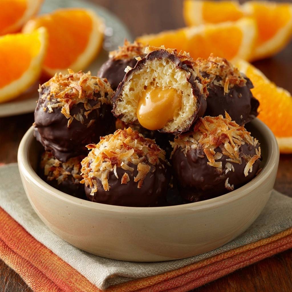 Chocolate coconut orange cake truffles shown in a bowl with a cross-section revealing the gooey caramel filling.