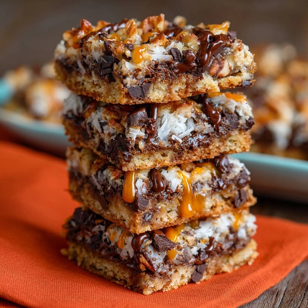 Chocolate coconut pecan caramel bars recipe shown stacked high with a close-up view of melted caramel drizzled over the top.
