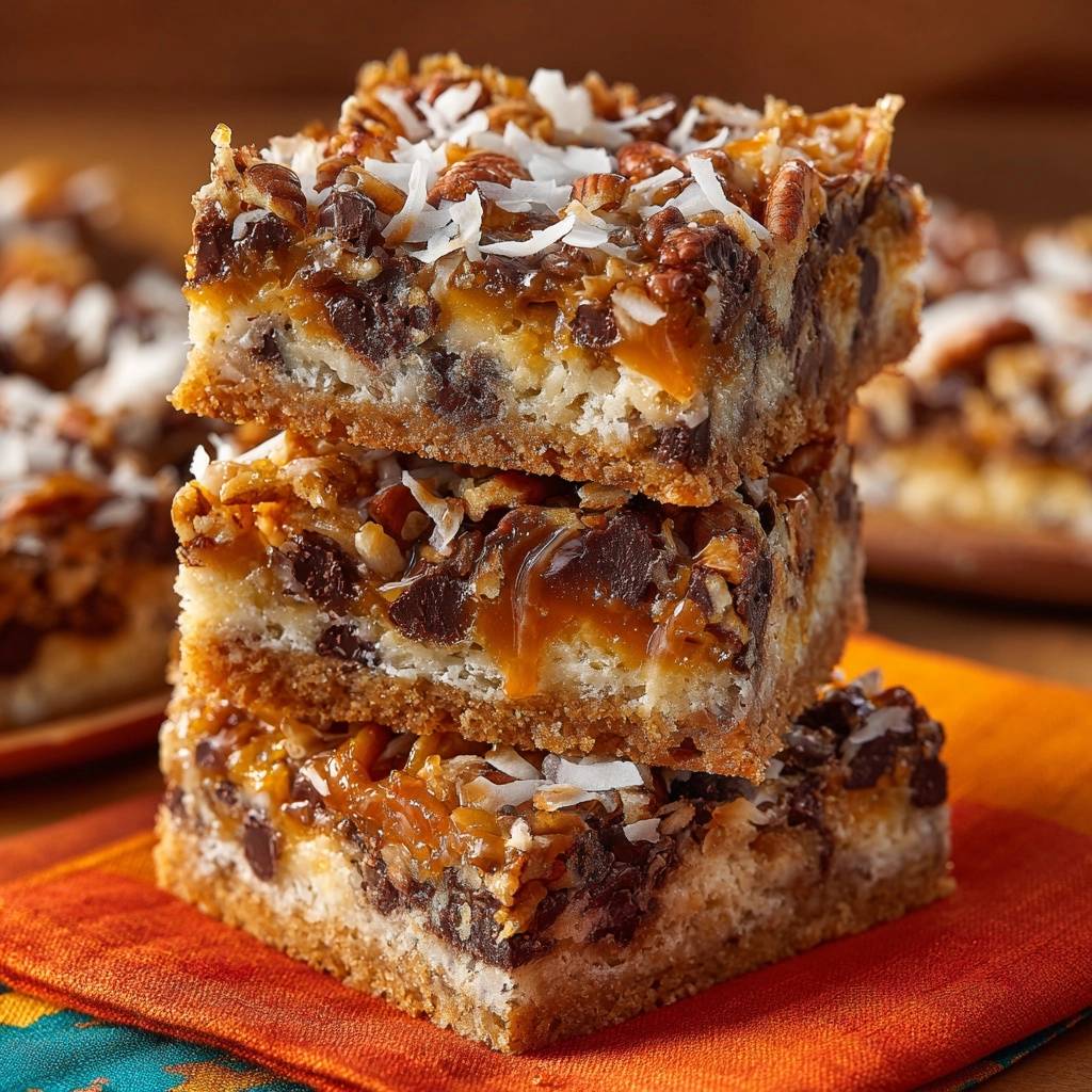 Chocolate coconut pecan caramel bars recipe shown in a stacked cross-section view with gooey caramel.