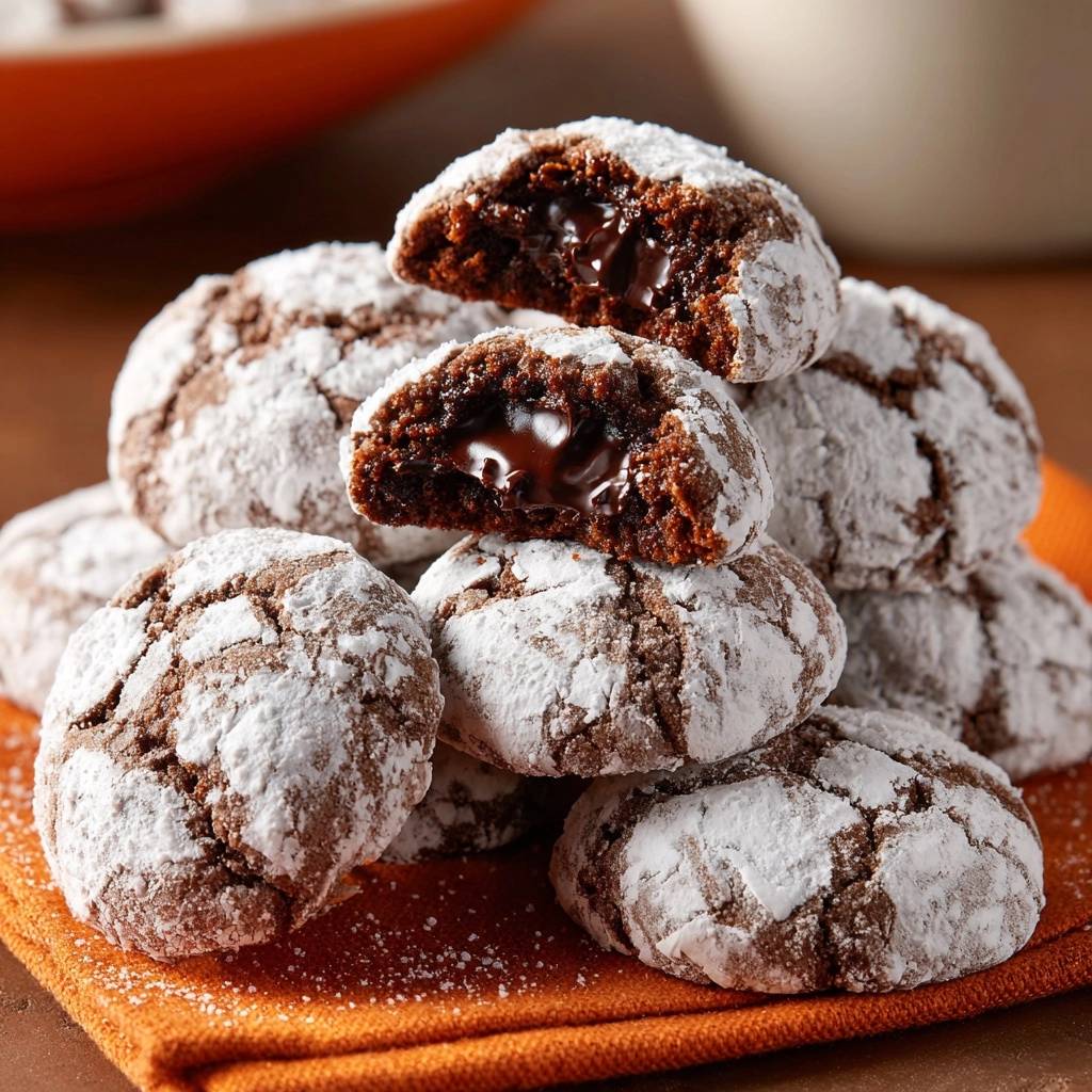 Chocolate crinkle cookies with perfect cracked tops shown in a close-up cross-section revealing a rich, molten chocolate center.