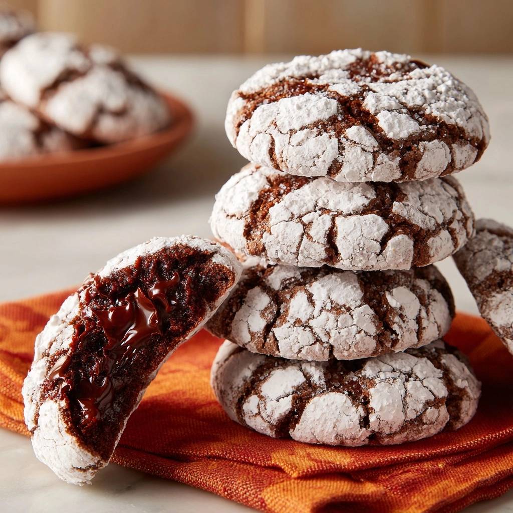 Chocolate crinkle cookies with perfect cracked tops shown in a close-up cross-section revealing a rich molten chocolate center.
