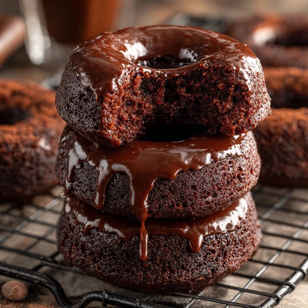 Chocolate glazed donuts stacked on a cooling rack, with a bite taken out of the top one.