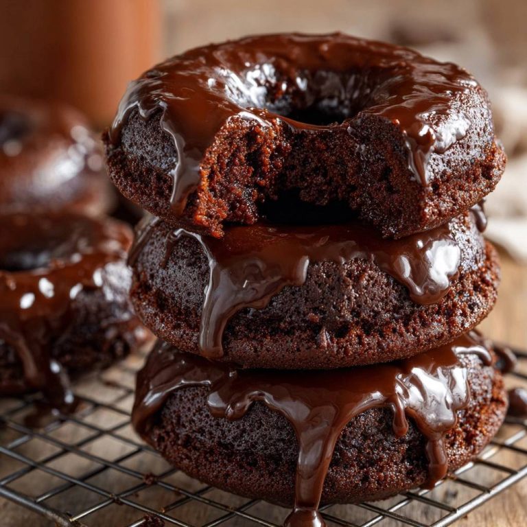Chocolate glazed donuts stacked high, with the top donut showing a bite taken out, revealing its moist interior.