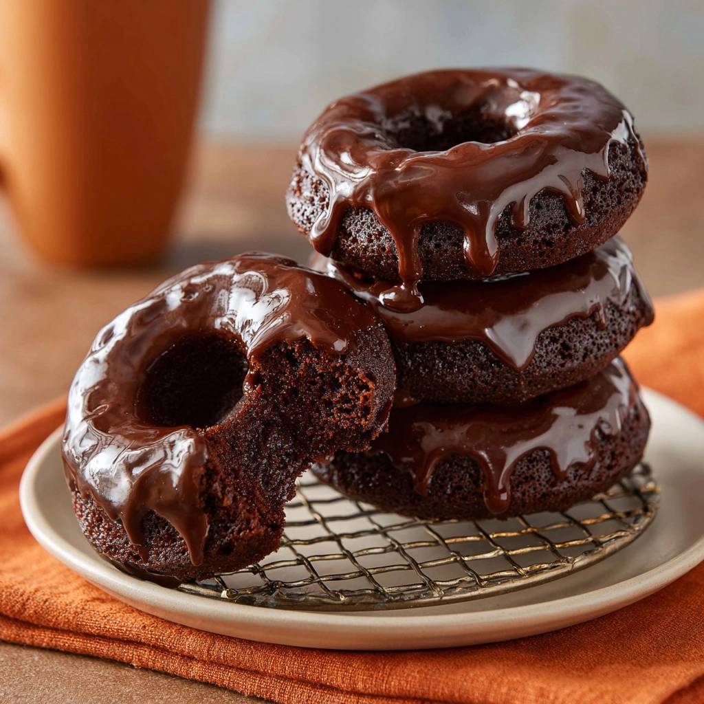 Chocolate glazed pumpkin donuts stack, with one donut in the foreground showing a bite taken out.