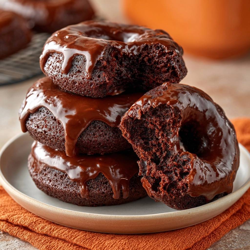 Chocolate glazed pumpkin donuts stacked with a close-up view of the moist interior texture.