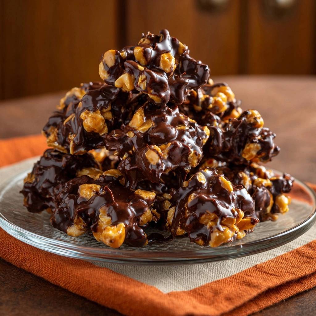 3-ingredient chocolate peanut clusters piled high on a clear glass plate, showcasing their glossy chocolate coating and crunchy texture.