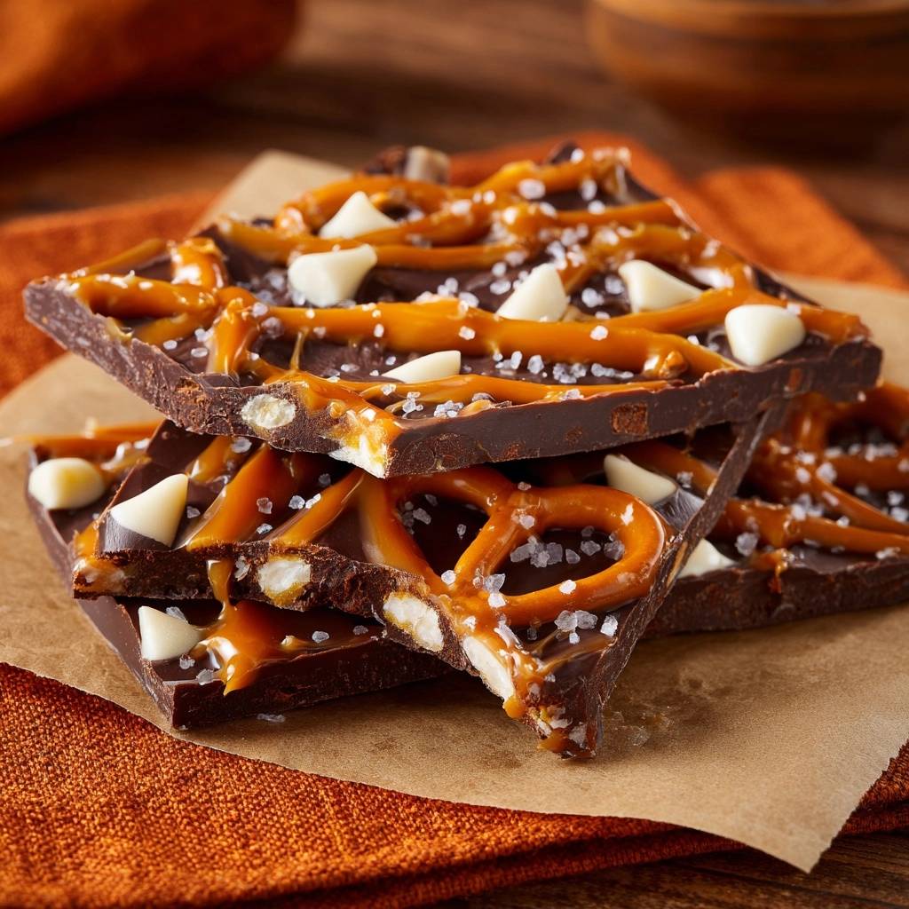 Chocolate pretzel caramel bark stacked, showing a close-up detail of melted caramel, white chocolate chips, and flaky sea salt.