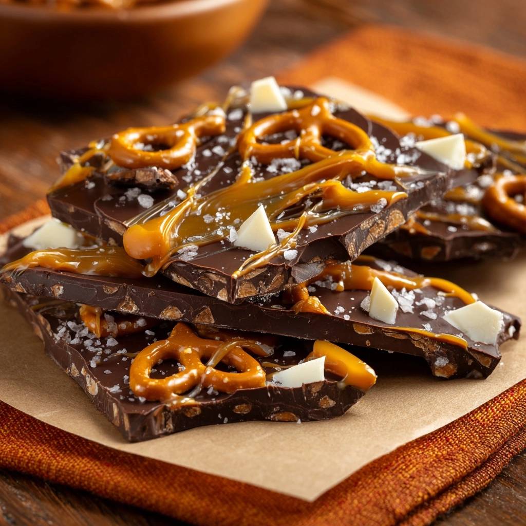 Chocolate pretzel caramel bark stacked pieces generously drizzled with caramel and sprinkled with sea salt.