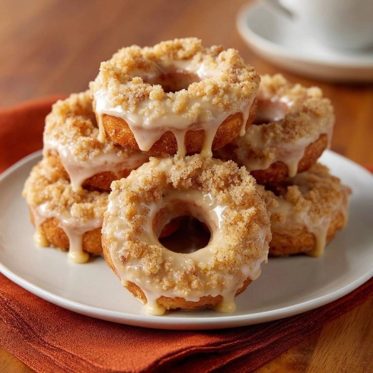Cinnamon crumb glazed donuts stacked on a white plate with a drizzle of glaze and crumb topping.