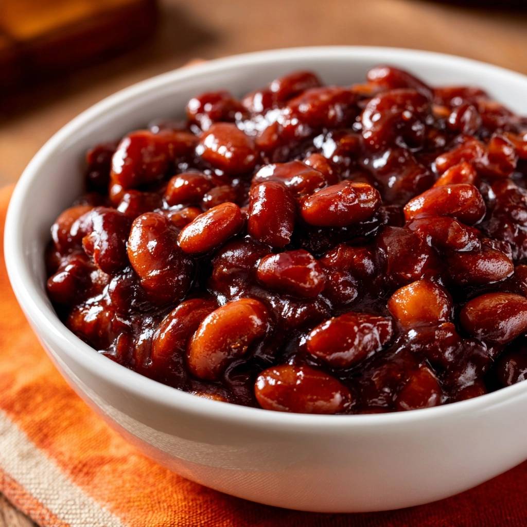 Classic baked beans with a thick, glossy sauce shown in a close-up detail shot.