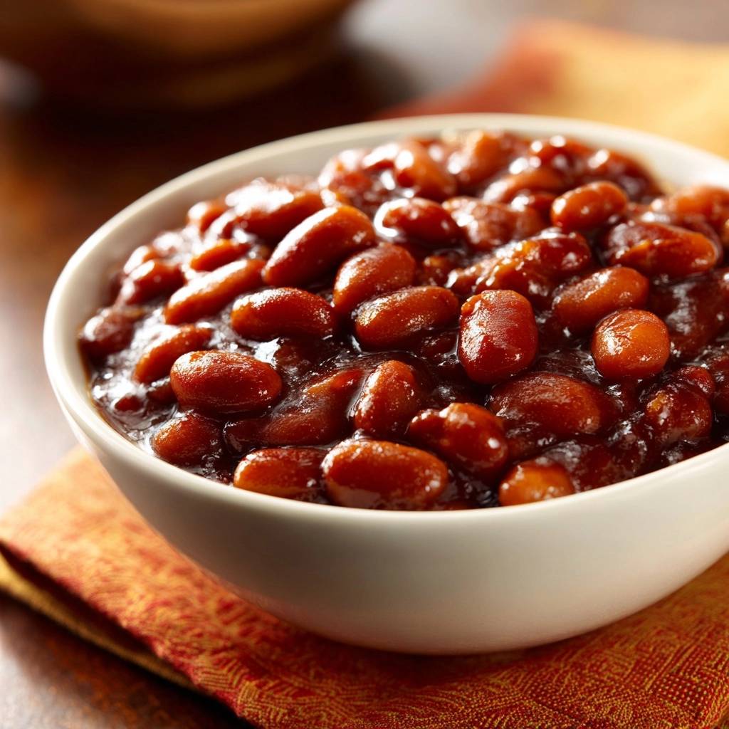 Classic baked beans with thick, glossy sauce served in a white bowl, showcasing the rich texture.