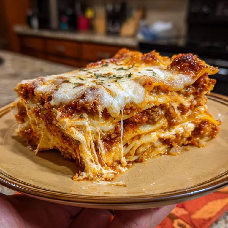 Classic beef lasagna shown as a close-up cross-section slice with melted cheese oozing down the side.