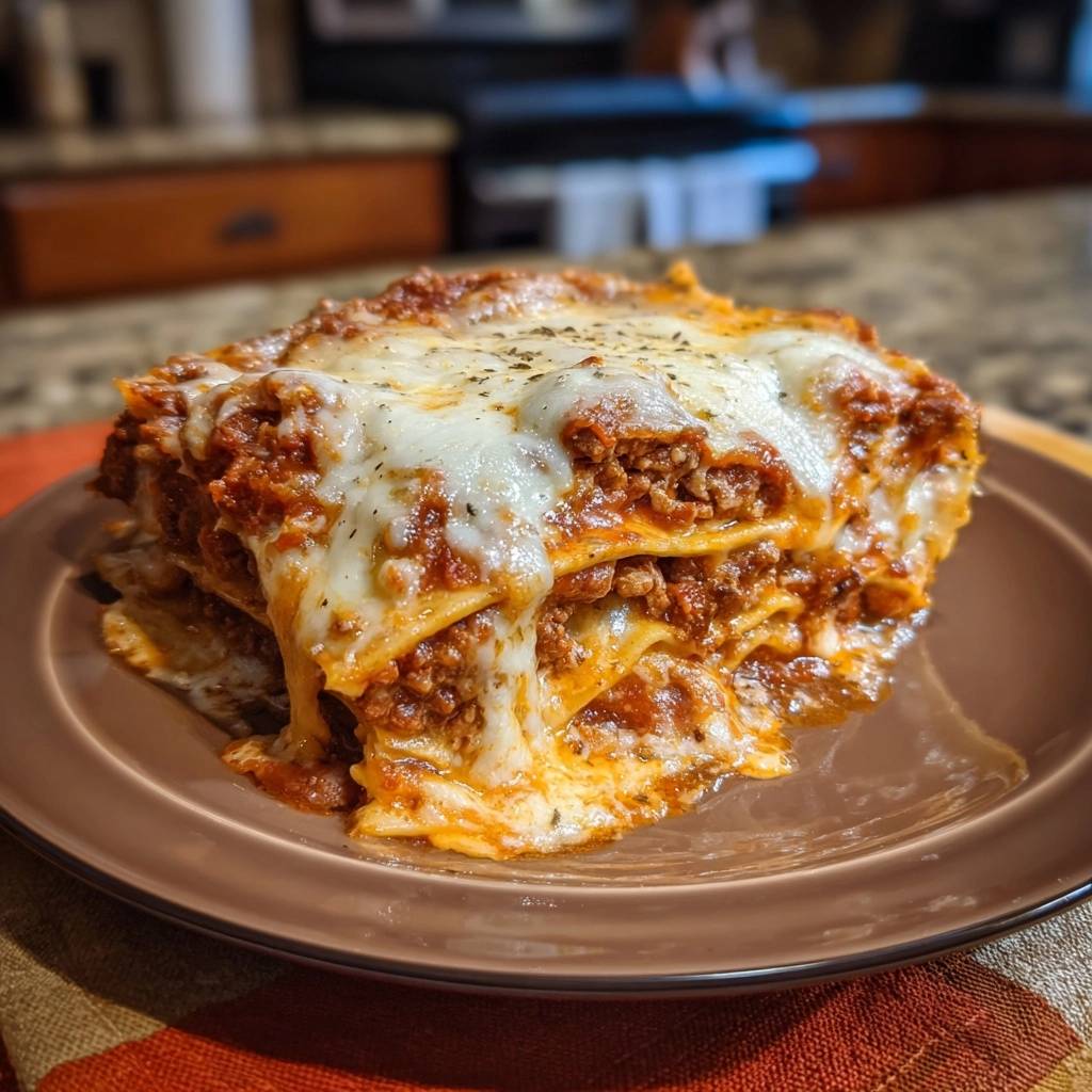 Classic beef lasagna served as a thick slice on a brown plate, showcasing layers of pasta, meat sauce, and melted cheese.