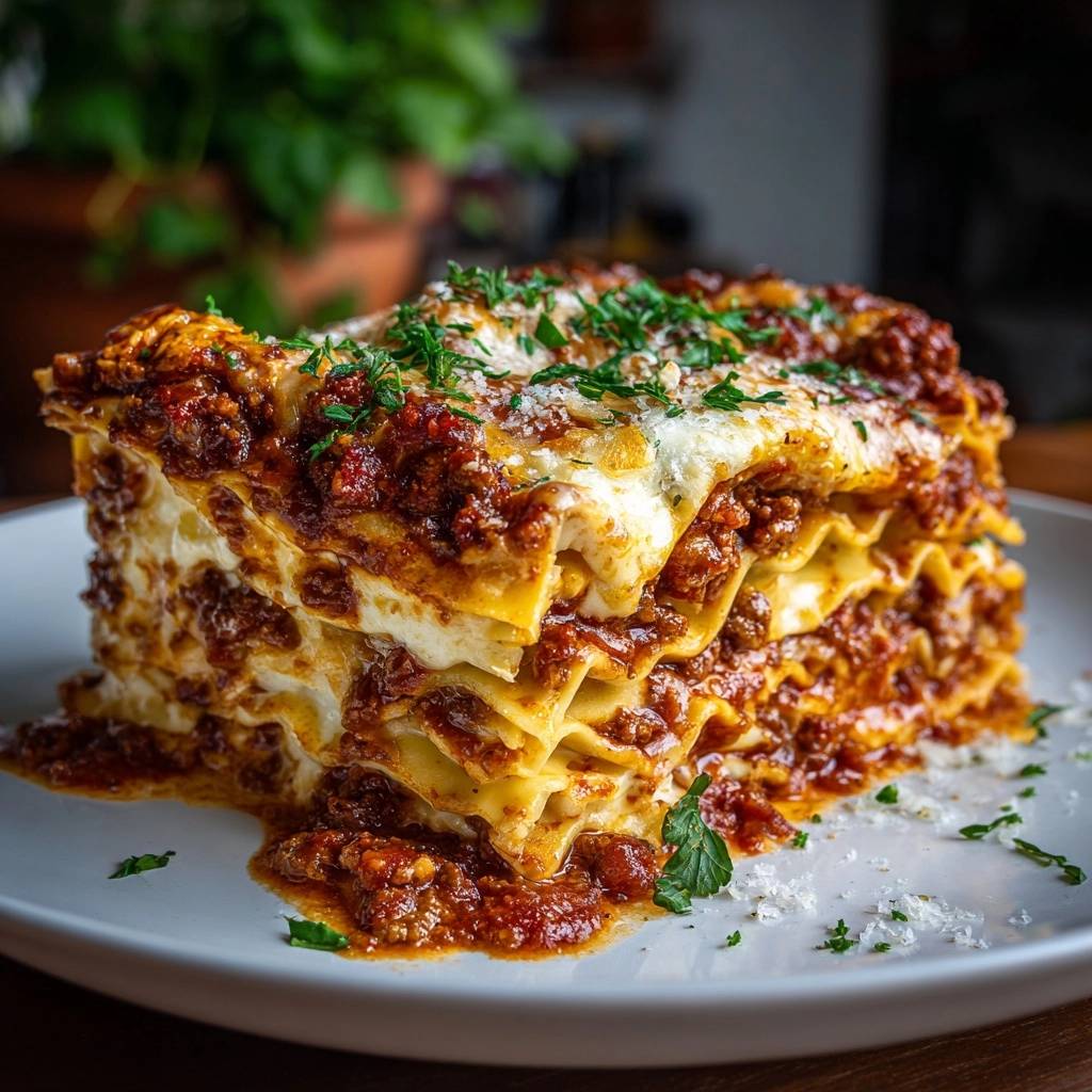 Classic beef lasagna plated as a thick cross-section showing firm, clean layers and rich meat sauce.