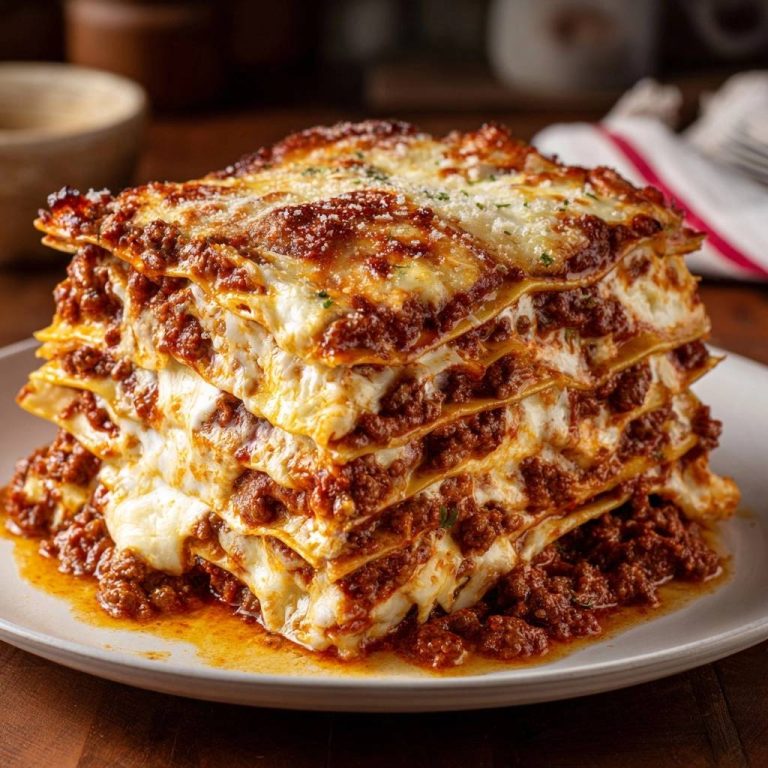 Classic beef lasagna with firm, clean layers shown in a stacked cross-section on a white plate.