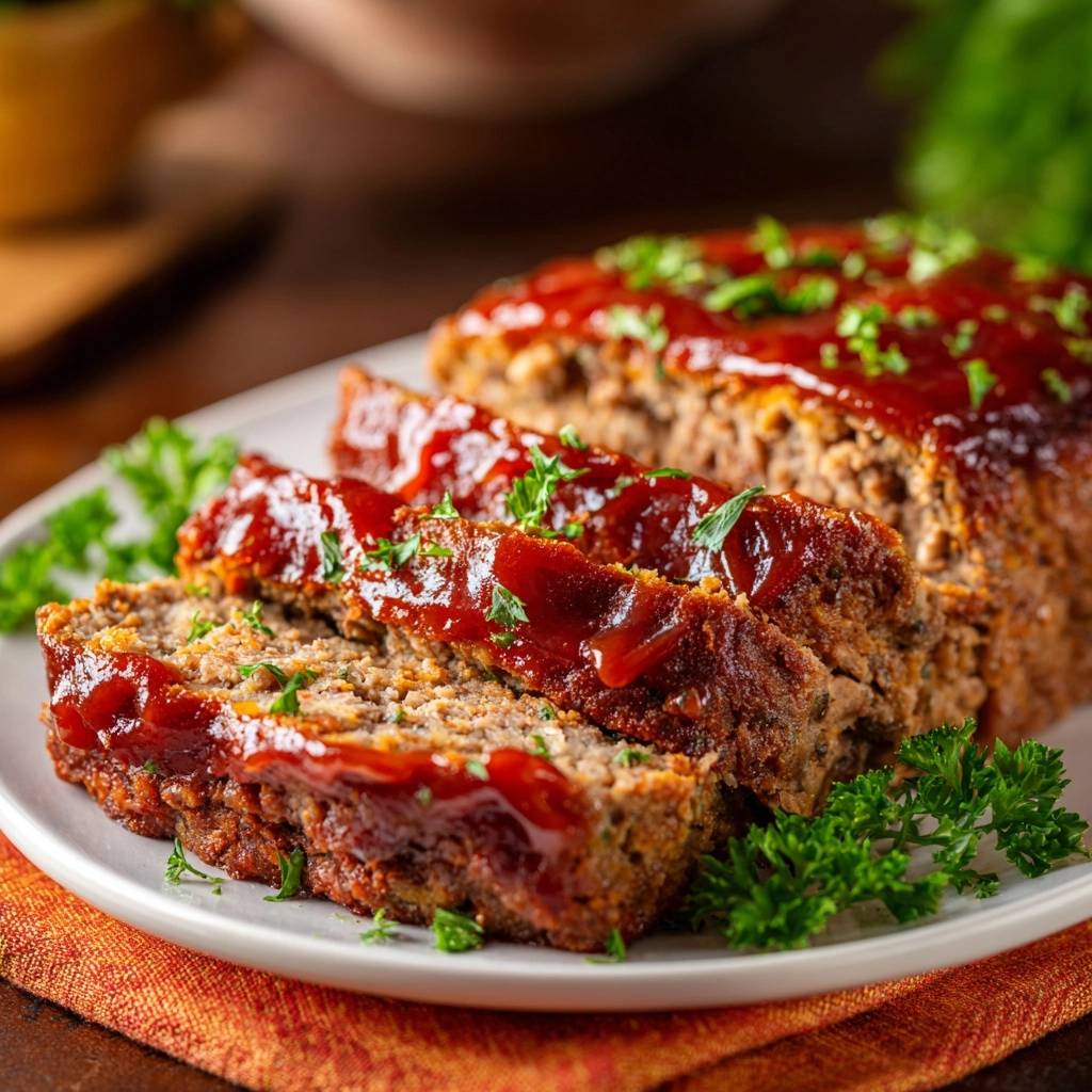 Classic glazed meatloaf sliced on a white plate, generously topped with ketchup glaze and garnished with fresh parsley.