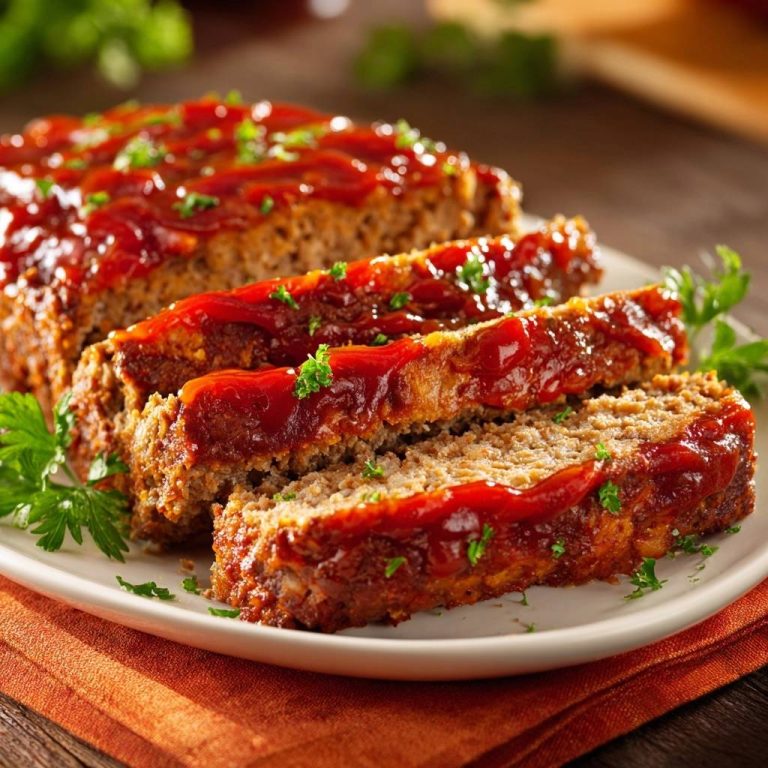 Classic glazed meatloaf served sliced on a white plate, garnished with fresh parsley and topped with a rich glaze.